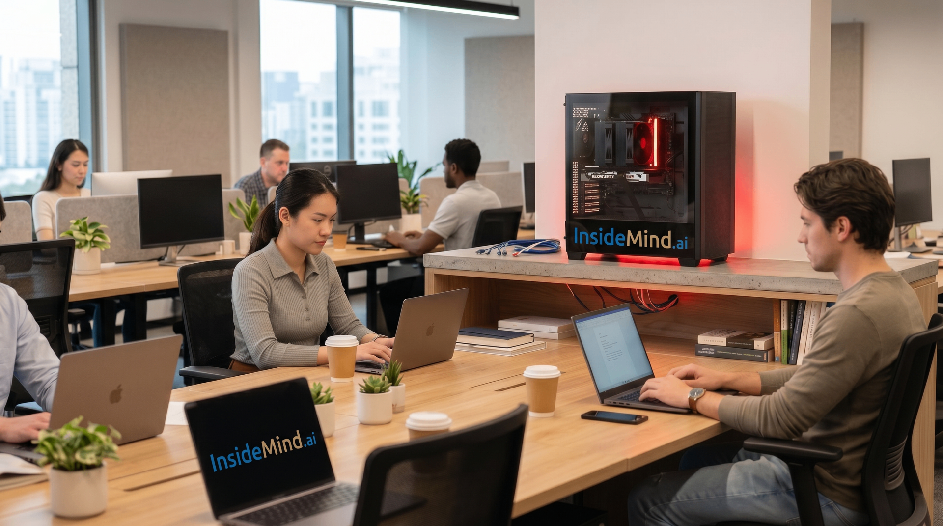 Office team working alongside a dedicated InsideMind.ai server appliance